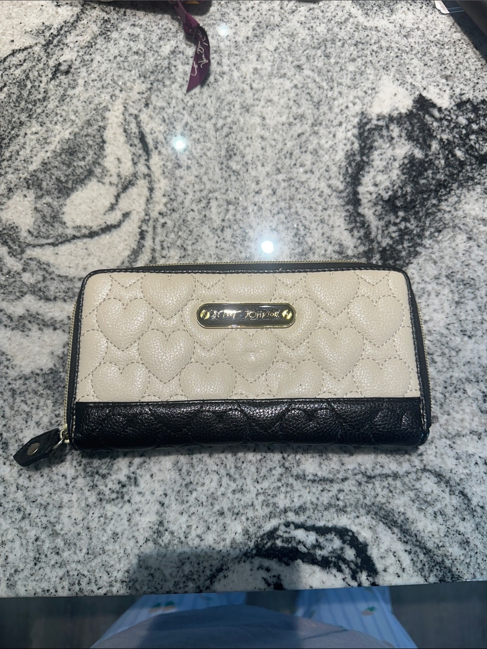 Betsey Johnson Cream Quilted Heart Zip-Around Wallet with Black Trim